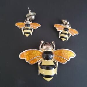 VTG MJ Brooch Pendant Earrings Bumble Bees Enamel Jewelry‎ Designer Signed 70's